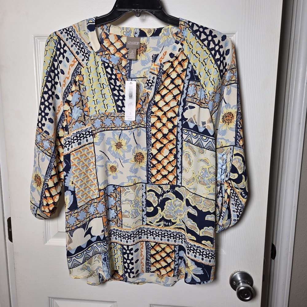 Chico's sz 2 or L tile tropez hi lo 3/4 slv tunic top NWT colorful artsy boho